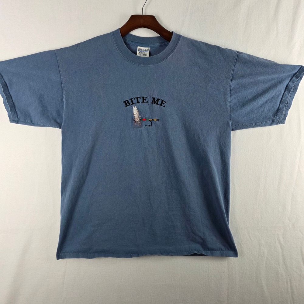 Gildan Ultra Cotton Bite Me Fishing Fly Hook Embroidered T-Shirt Blue Size XL